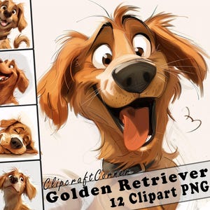12 Golden Retriever Clipart PNG Pacchetto di cani divertenti / Clipart di cartoni animati di cani ad acquerello PNG / Clipart di animali / 209