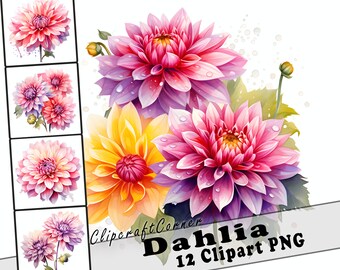 12 Dahlia Clipart PNG art Bundle | Watercolor Flower Clipart PNG artwork | 2545