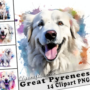 14 Grandes Pyrénées Clipart PNG | Clipart chien aquarelle PNG | 52