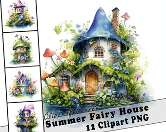 12 Sommer Feenhaus Clipart PNG Bundle | Magisches Aquarell Fantasy Haus Clipart PNG | Mystisch Clipart Artwork | 1524