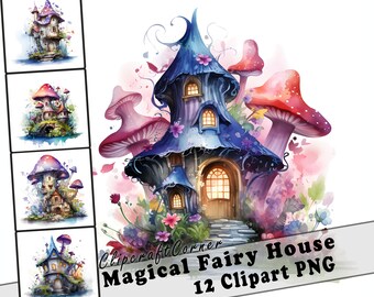 12 Magisches Feenhaus Clipart PNG Bundle | Magisches Aquarell Fantasy Haus Clipart PNG | Mystisch Clipart Artwork | 1521