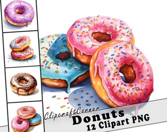 12 Donut Clipart PNG Bundle | Watercolor Dessert Clipart PNG | Food Clipart PNG Artwork | 4509