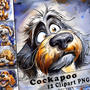 Puede incluir: Una ilustración digital de un perro Cockapoo con un fondo de acuarela. El perro tiene una expresión de sorpresa con la boca abierta y la lengua fuera. El pelaje del perro es negro, blanco y marrón. La imagen es parte de un conjunto de 12 imágenes de clipart.