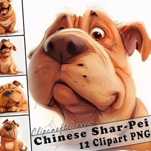 May include: A digital illustration of a Chinese Shar-Pei dog with a wrinkled face and big brown eyes. The dog is looking up and to the right. The image is part of a set of 12 clipart images.