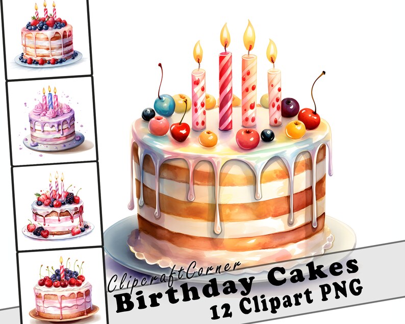 12 Birthday Cake Clipart PNG Bundle | Watercolor Dessert Clipart PNG ...