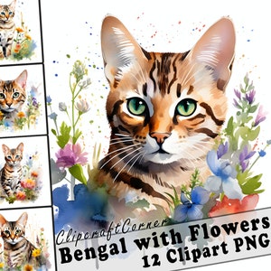12 Bengal Cat with Flowers Clipart PNG Bundle | Cute Watercolor Bengal Cat Clipart PNG | 559