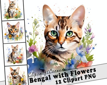 12 Bengal Cat with Flowers Clipart PNG Bundle | Cute Watercolor Bengal Cat Clipart PNG | 559