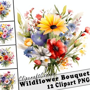 12 Wildflowers Bouquets Clipart PNG | Watercolor Wildflowers Floral Clipart PNG | 3015