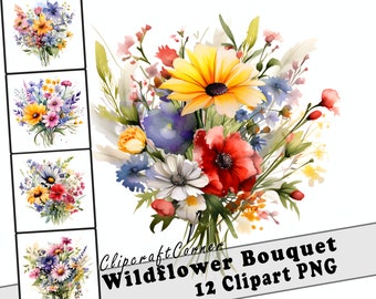 12 Wildflowers Bouquets Clipart PNG | Watercolor Wildflowers Floral Clipart PNG | 3015