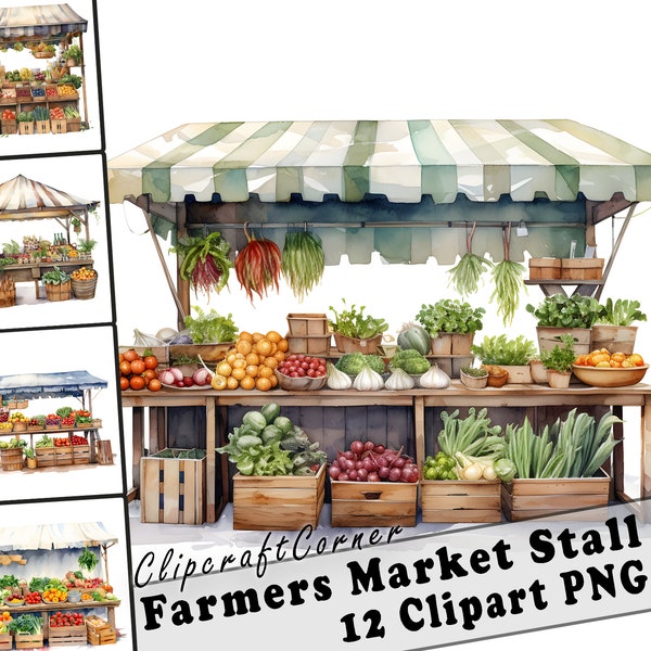 12 Farmers Market Stall Clipart PNG Bundle | Watercolor Market Stall Clipart PNG | Farm Clipart PNG Artwork | 4024