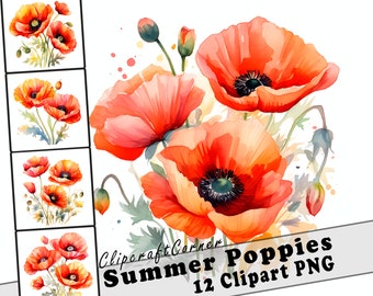 12 Summer Poppies Clipart PNG art Bundle | Watercolor Flower Clipart PNG artwork | 2518