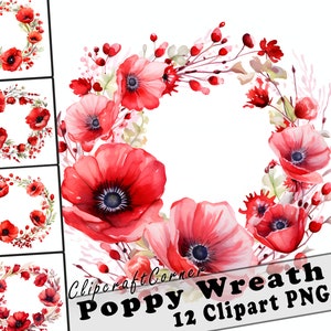 12 Poppy Wreath Flowers Clipart PNG | Watercolor Poppy Floral Wreath Clipart PNG | 3018