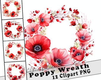 12 Poppy Wreath Flowers Clipart PNG | Watercolor Poppy Floral Wreath Clipart PNG | 3018