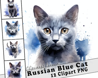 12 Russian Blue Cat Clipart PNG Bundle | Cute Watercolor Cat Clipart PNG | 513