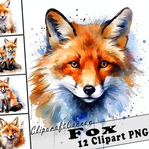 12 cliparts renard PNG Animal de la forêt Bundle | Clipart Renard Aquarelle PNG | Oeuvre d'art d'animaux des bois | 7001