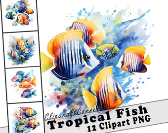 12 Tropical Fish Clipart PNG Bundle | Tropical Watercolor Clipart PNG | Summer Clipart PNG Artwork | 5007