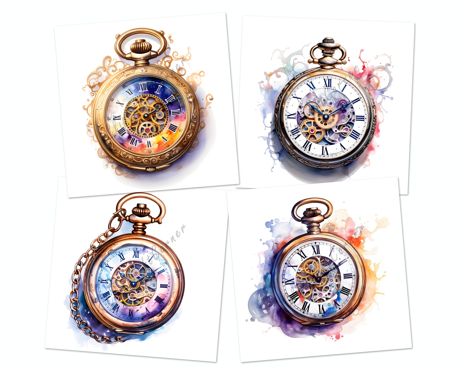 12 Steampunk Pocket Watch Clipart PNG Bundle | Watercolor Steampunk ...