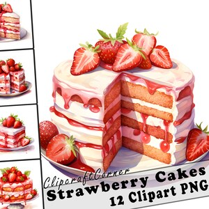 12 Strawberry Cake Clipart PNG Bundle | Watercolor Dessert Clipart PNG | Food Clipart PNG Artwork | 4515