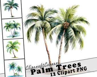 12 Palm Tree Clipart PNG Bundle | Tropical Watercolor Clipart PNG | Summer Clipart PNG Artwork | 5001