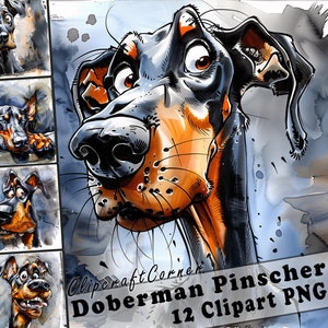 12 Doberman Pinscher Clipart PNG Funny Dog Bundle | Watercolor Dog Caricature Clipart PNG | Animal Clipart Artwork | 132