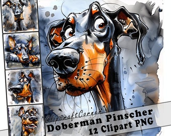 12 Doberman Pinscher Clipart PNG Funny Dog Bundle | Watercolor Dog Caricature Clipart PNG | Animal Clipart Artwork | 132