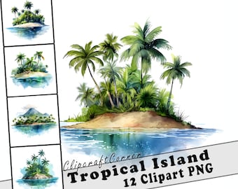 12 Tropical Island Clipart PNG Bundle | Tropical Watercolor Clipart PNG | Summer Clipart PNG Artwork | 5021