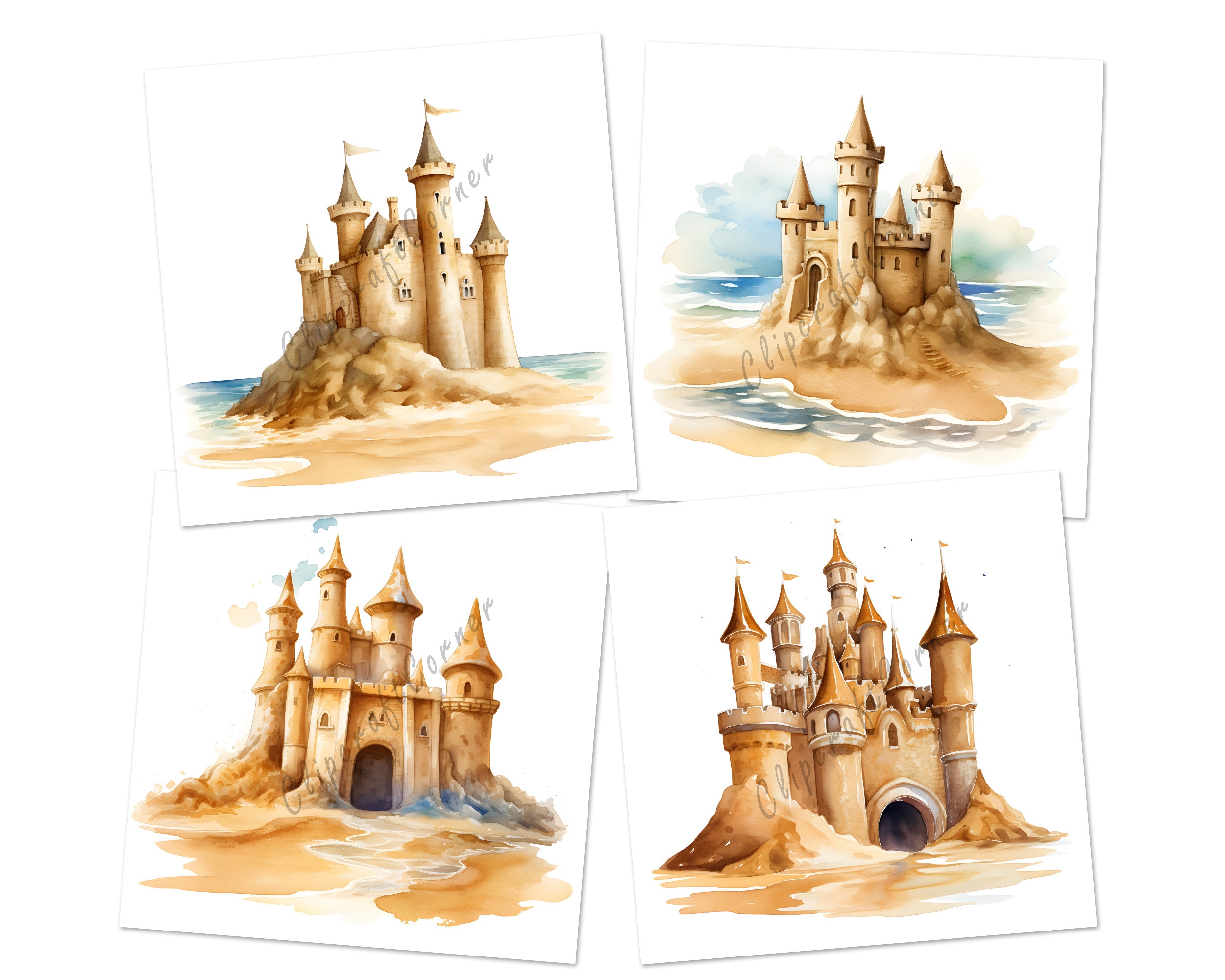 12 Sandcastle Clipart PNG Bundle | Tropical Beach Watercolor Clipart