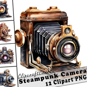 12 Steampunk Camera Clipart PNG Bundle | Watercolor Steampunk Camera Clipart PNG Art | Fantasy Clipart Artwork | 2031