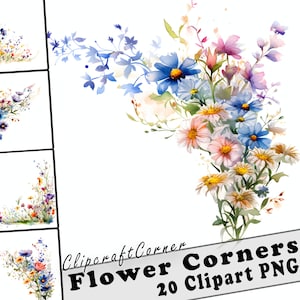 20 coins de cadre de fleurs sauvages PNG | Bordure florale aquarelle de fleurs sauvages des cliparts PNG | 3023