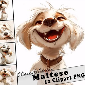 12 Maltese Clipart PNG Funny Dog Bundle | Watercolor Dog Cartoon Clipart PNG | Animal Clipart Artwork | 211