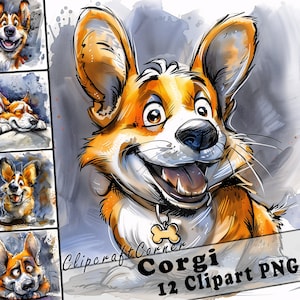 12 Corgis Clipart PNG Lustiges Hundepaket | Aquarell Hundekarikatur Clipart PNG | Tier-Clipart-Kunstwerk | 120