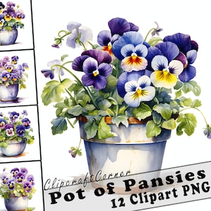 12 Pot of Pansy Flowers Bouquet Clipart PNG | Watercolor Pansies Floral Clipart PNG | 3005