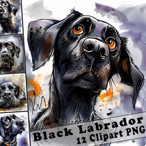 12 Black Labrador Clipart PNG Funny Dog Bundle | Watercolor Dog Caricature Clipart PNG | Animal Clipart Artwork | 103