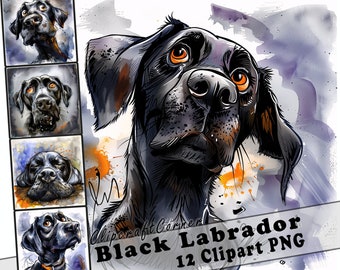 12 schwarze Labrador Clipart PNG lustige Hunde Bundle | Aquarell Hundekarikatur Clipart PNG | Tier-Clipart-Kunstwerk | 103