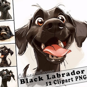 12 Labrador negro Clipart PNG Paquete de perros divertidos / Acuarela Perro Dibujos animados Clipart PNG / Animal Clipart Artwork / 203