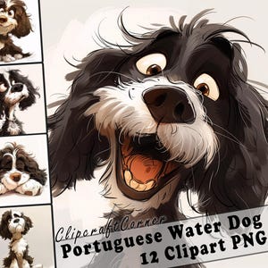 12 Portuguese Water Dog Clipart PNG Funny Dog Bundle | Watercolor Dog Cartoon Clipart PNG | Animal Clipart Artwork | 249