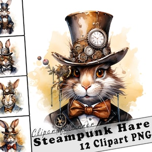 12 Steampunk Hare Clipart PNG Animal Bundle | Watercolor Steampunk Hare Clipart PNG Art | Animal Artwork | 2007