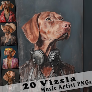 20 Vizsla Clipart-Bilder | Vizsla Hundeportraits als Musikstars | Vizsla PNG Kunst Bündel | 3712x4928 Pixel Hund Gemälde | 322
