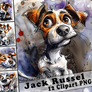 12 Jack Russel Clipart PNG Funny Dog Bundle | Watercolor Dog Caricature Clipart PNG | Animal Clipart Artwork | 107