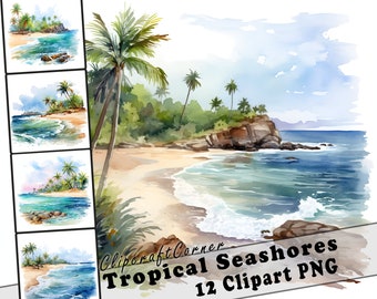 12 Tropical Seashore Clipart PNG Bundle | Tropical Beach Watercolor Clipart PNG | Summer Clipart PNG Artwork | 5023