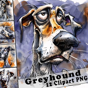 12 Greyhound Clipart PNG Pacchetto cane divertente / Clipart caricatura cane acquerello PNG / Grafica clipart animale / 108