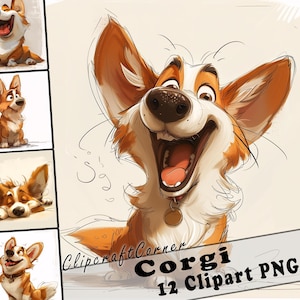 12 Corgi Clipart PNG Funny Dog Bundle | Watercolor Dog Cartoon Clipart PNG | Animal Clipart Artwork | 220