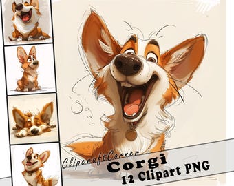 12 Corgi Clipart PNG Funny Dog Bundle | Watercolor Dog Cartoon Clipart PNG | Animal Clipart Artwork | 220