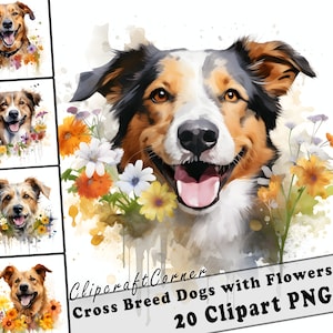 20 Cross breed Dogs and Flowers Clipart PNG Bundle | Watercolor Dog Clipart PNG | 80