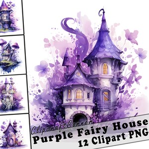 12 Purple Fairy House Clipart PNG Fairytale Bundle | Magical Watercolor Fantasy House Clipart PNG | Mystical Clipart Artwork | 1528