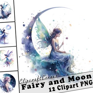 12 Fairy on Moon Clipart PNG Fairytale Bundle | Magical Watercolor Fantasy Fairies Clipart PNG | Mystical Clipart Artwork | 1532
