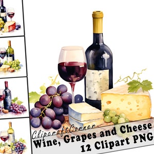 Puede incluir: Ilustración en acuarela de vino, uvas y queso. Una botella de vino oscuro con tapón dorado y una copa de vino tinto junto a un racimo de uvas moradas y una porción de queso. La imagen incluye el texto "Clipcraft Corner Wine, Grapes and Cheese 12 Clipart PNG."