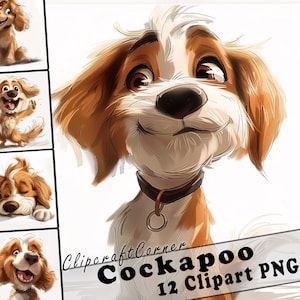 Peut inclure: Illustration numérique d'un chien Cockapoo brun et blanc avec une expression joyeuse. Le chien regarde vers le haut et vers la droite. L'image fait partie d'un ensemble de 12 images clipart.