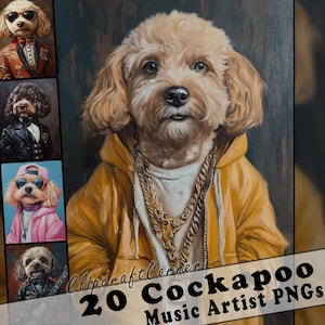 May include: A digital illustration of a Cockapoo dog wearing a yellow hoodie and a gold chain. The dog has a brown and white coat and is looking directly at the viewer. The image is titled "20 Cockapoo Music Artist PNGs".