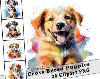 20 szczeniąt rasy mieszanej Clipart PNG Bundle | Akwarela Szczeniak Pies Clipart PNG | 81
